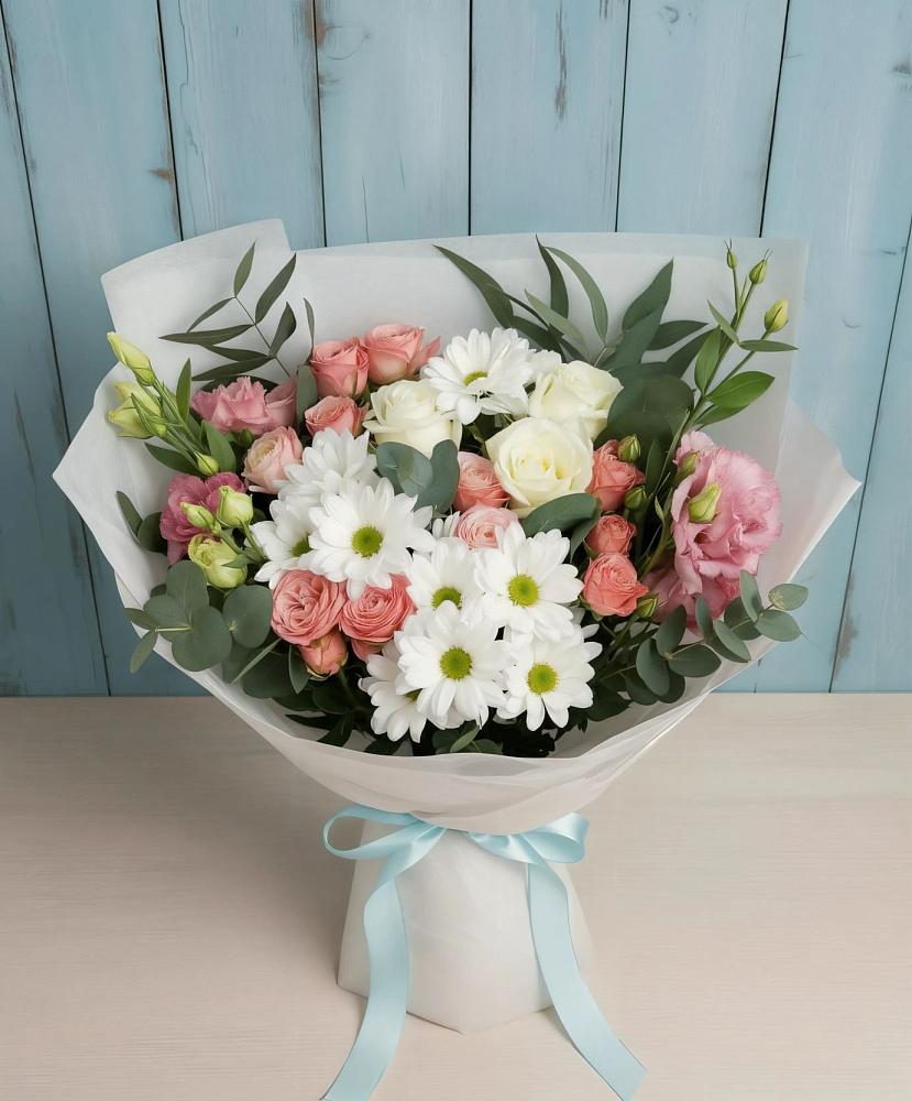 Букет цветов из: Розы, Лизиантусы и Хризантемы в Хворостянка