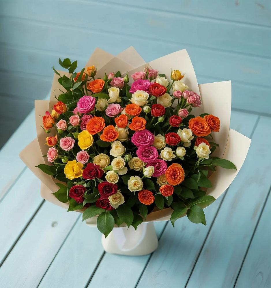 Букет Микс из разноцветных кустовых роз в Хворостянка