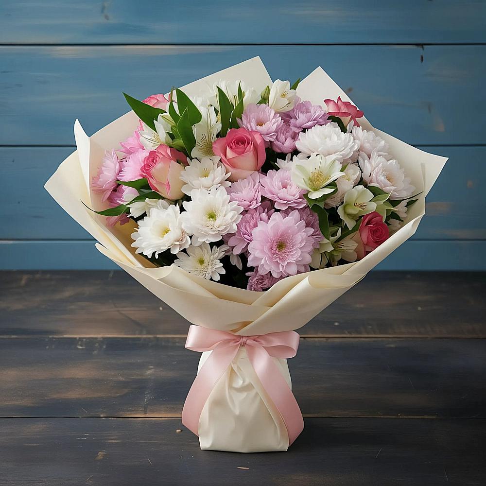 Букет цветов из: Хризантемы, Альстромерии и Розы в Хворостянка